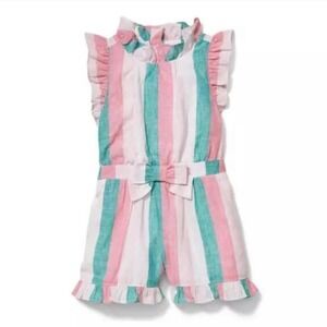 Janie and Jack Pink Green White Striped Ruffle Sleeveless Shorts Romper- Girl 12
